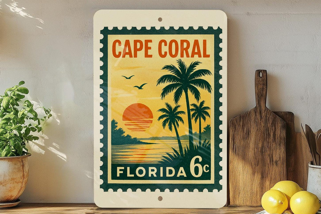 A vintage-style stamp depicting a tropical beach scene with palm trees, a sunset, and a body of water, along with the text "Cape Coral Florida 6c".