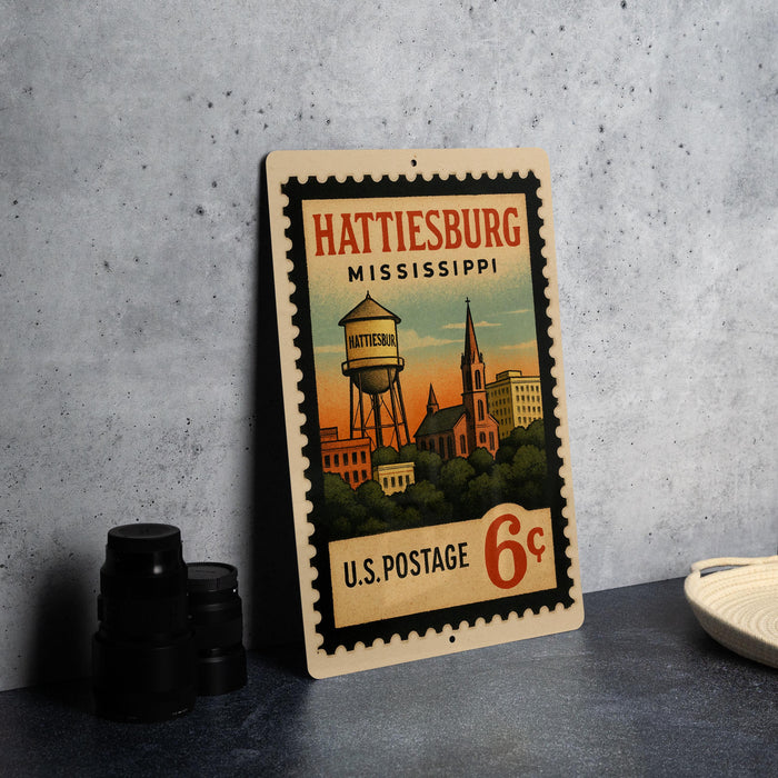 A vintage postage stamp from Mississippi, featuring an illustration of the Hattiesburg water tower and surrounding buildings.