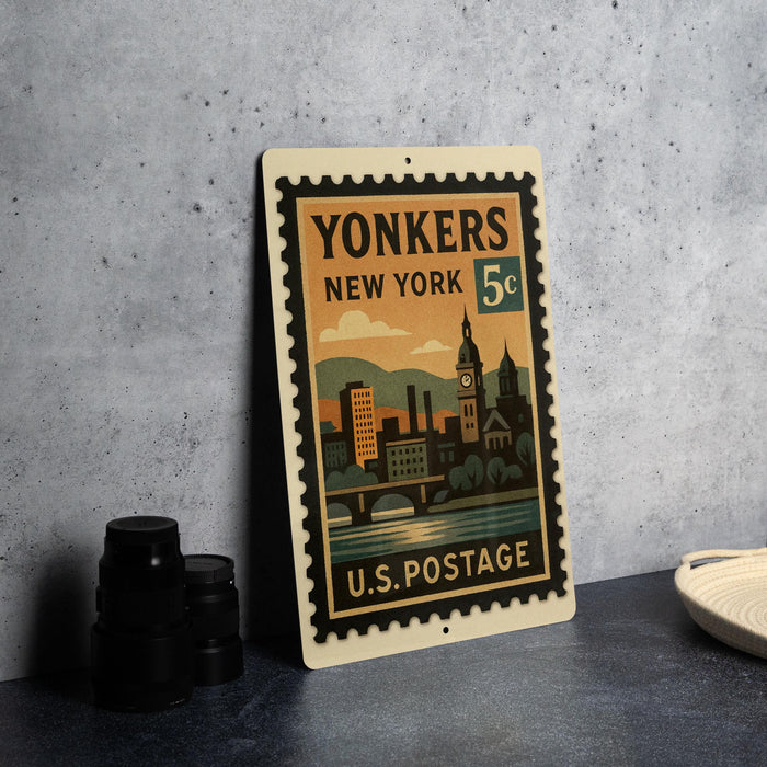 A vintage postage stamp from New York, featuring a cityscape and landmarks, is displayed on a table.