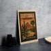 A vintage-style postage stamp from Scottsdale, Arizona, featuring a desert landscape with a cactus and mountains in the background.