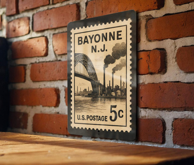 A vintage Bayonne New Jersey postage stamp is displayed on a brick wall, featuring an illustration of a bridge and steam-powered ships.