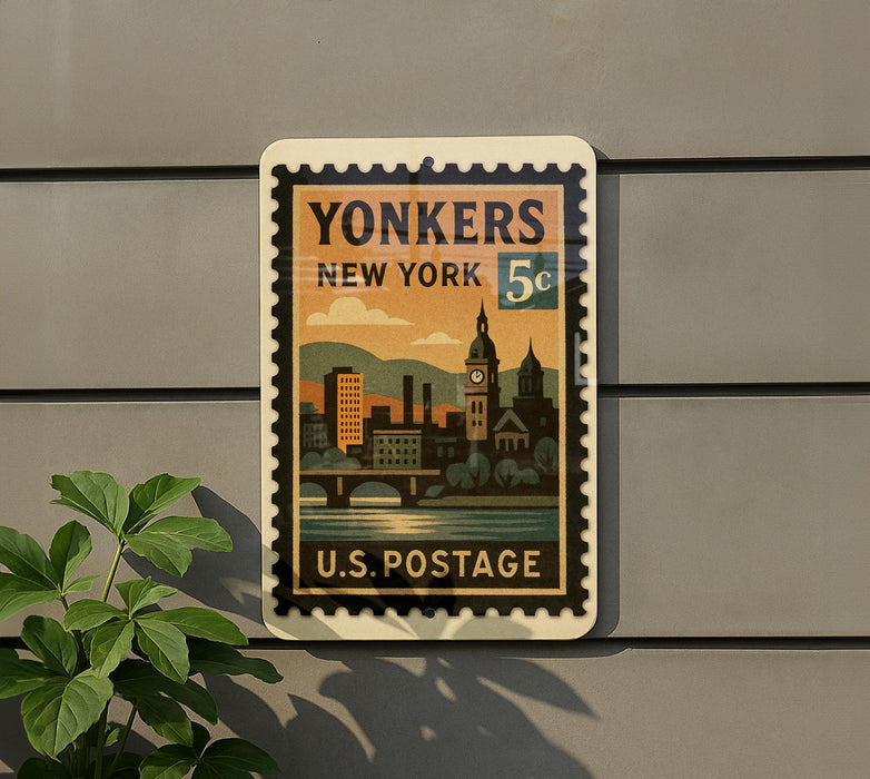 A postage stamp from the United States of America, featuring an illustration of a cityscape with a clock tower and a bridge.