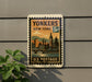 A postage stamp from the United States of America, featuring an illustration of a cityscape with a clock tower and a bridge.