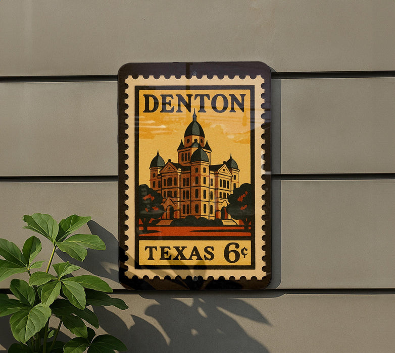 A vintage-style postage stamp featuring a building, with the text "DENTON TEXAS 6¢" printed on it.