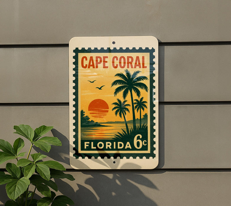 A sign for Cape Coral, Florida, featuring a tropical beach scene with palm trees, a sunset, and birds.