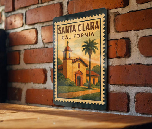 A vintage-style metal stamp depicting Santa Clara, California, with a church and palm tree in the background.