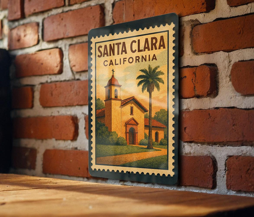 A vintage-style metal stamp depicting Santa Clara, California, with a church and palm tree in the background.