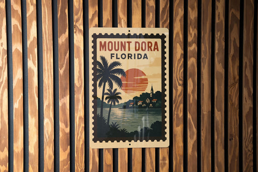 A vintage-style metal sign with the text "MOUNT DORA FLORIDA" and a tropical landscape with palm trees and a sunset.