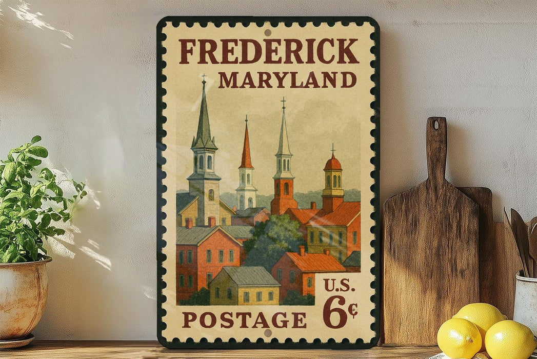 A vintage-style postage stamp from Frederick, Maryland, featuring a colorful illustration of the city's architecture and landmarks.