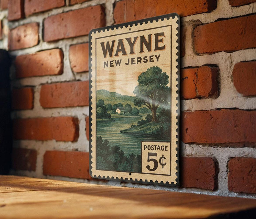 A vintage-style metal sign with a landscape illustration and the text "WAYNE NEW JERSEY" is displayed on a brick wall.