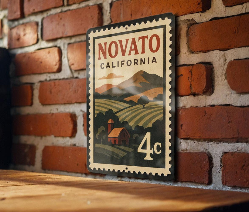 A vintage-style metal sign with the text "NOVATO CALIFORNIA" and a graphic of a rural landscape, mounted on a brick wall.