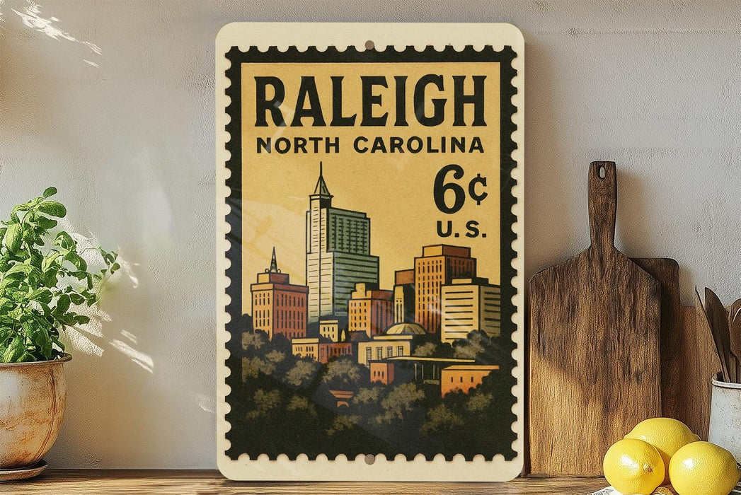 A vintage postage stamp from Raleigh, North Carolina, depicting the city skyline, with a price of 6 cents.