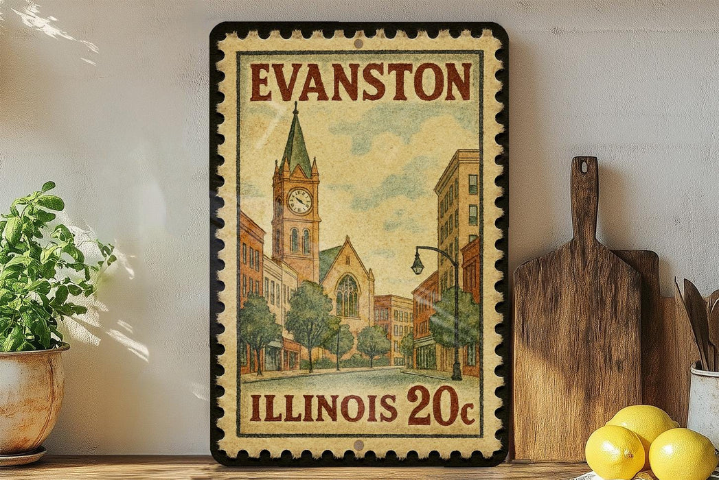 A framed vintage-style stamp depicting a cityscape of Evanston, Illinois, with a clock tower and buildings, is displayed on a shelf next to a wooden cutting board and a potted plant.