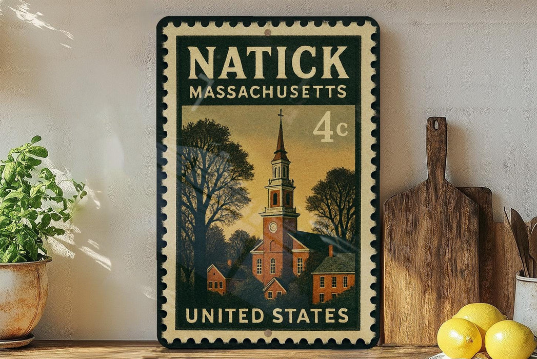 A vintage-style postage stamp from Massachusetts, featuring a church steeple and a small town scene, is displayed on a shelf next to a wooden cutting board and some lemons.