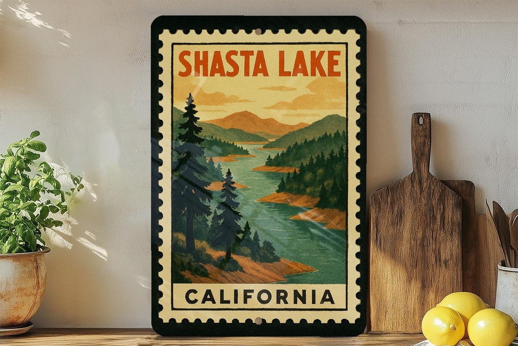 A framed vintage-style poster of Shasta Lake, California, featuring a scenic landscape with mountains, pine trees, and a river.