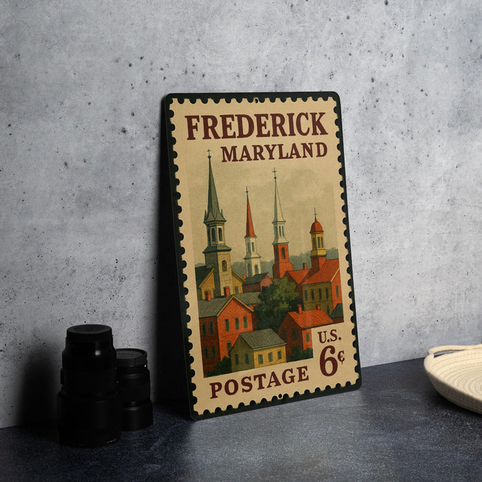 A vintage-style postage stamp from Frederick, Maryland, featuring a colorful illustration of the city's architecture.