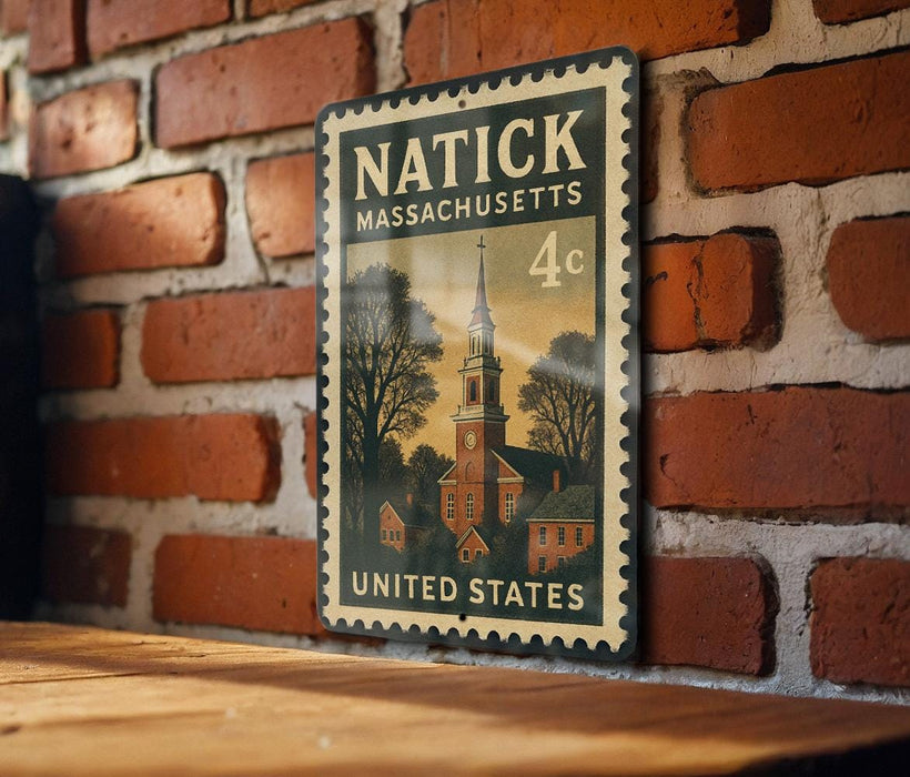 A vintage-style metal stamp depicting a church with a steeple, mounted on a brick wall.