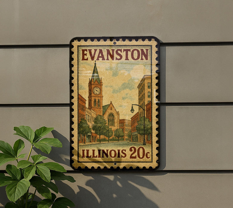 A vintage-style sign for Evanston, Illinois, featuring a clock tower and buildings, mounted on a wall.