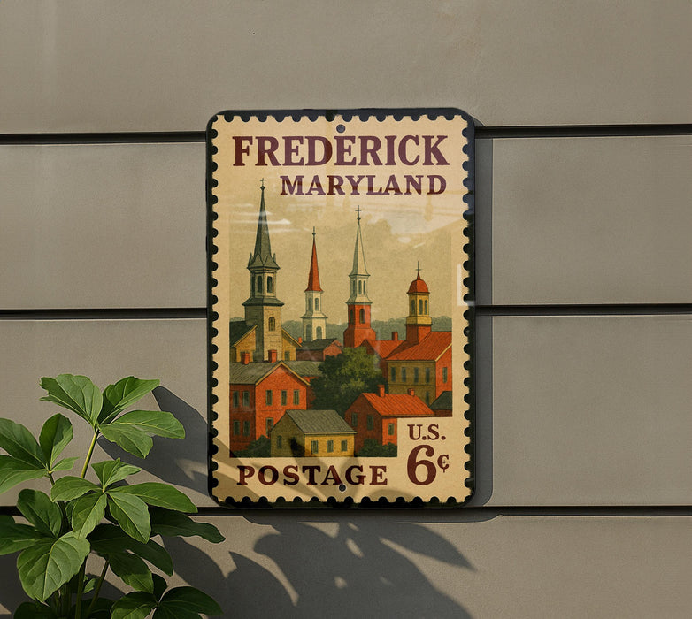 A vintage postage stamp from the United States of America, featuring a cityscape with buildings and spires, mounted on a wall.