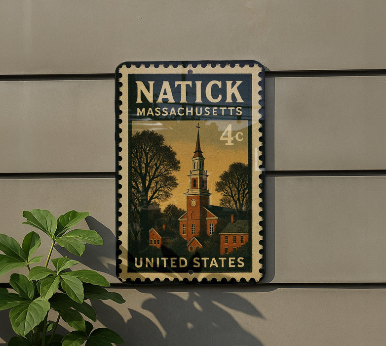 A vintage-style postage stamp from Massachusetts, featuring a church steeple and a town scene, is displayed on a wall.
