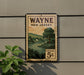 A vintage postage stamp from Wayne, New Jersey, featuring a scenic landscape with a river and trees.