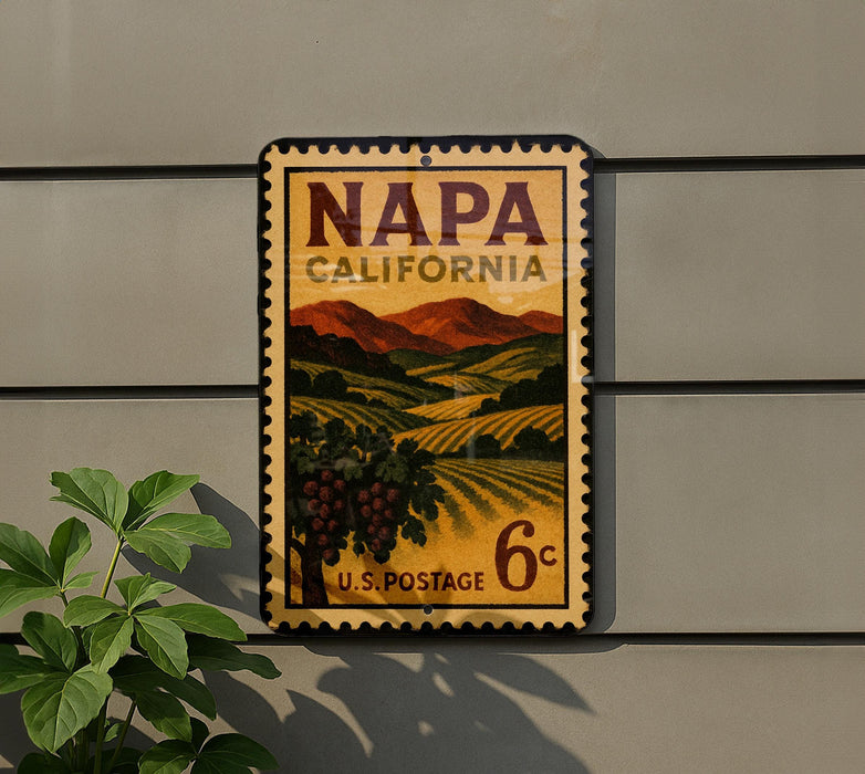 A vintage-style postage stamp from Napa, California, featuring a scenic countryside landscape with vineyards and mountains.