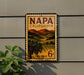 A vintage-style postage stamp from Napa, California, featuring a scenic countryside landscape with vineyards and mountains.