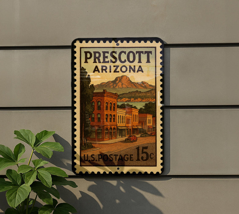 A postage stamp from the United States of America, featuring an illustration of a small town in Arizona with buildings and a road.