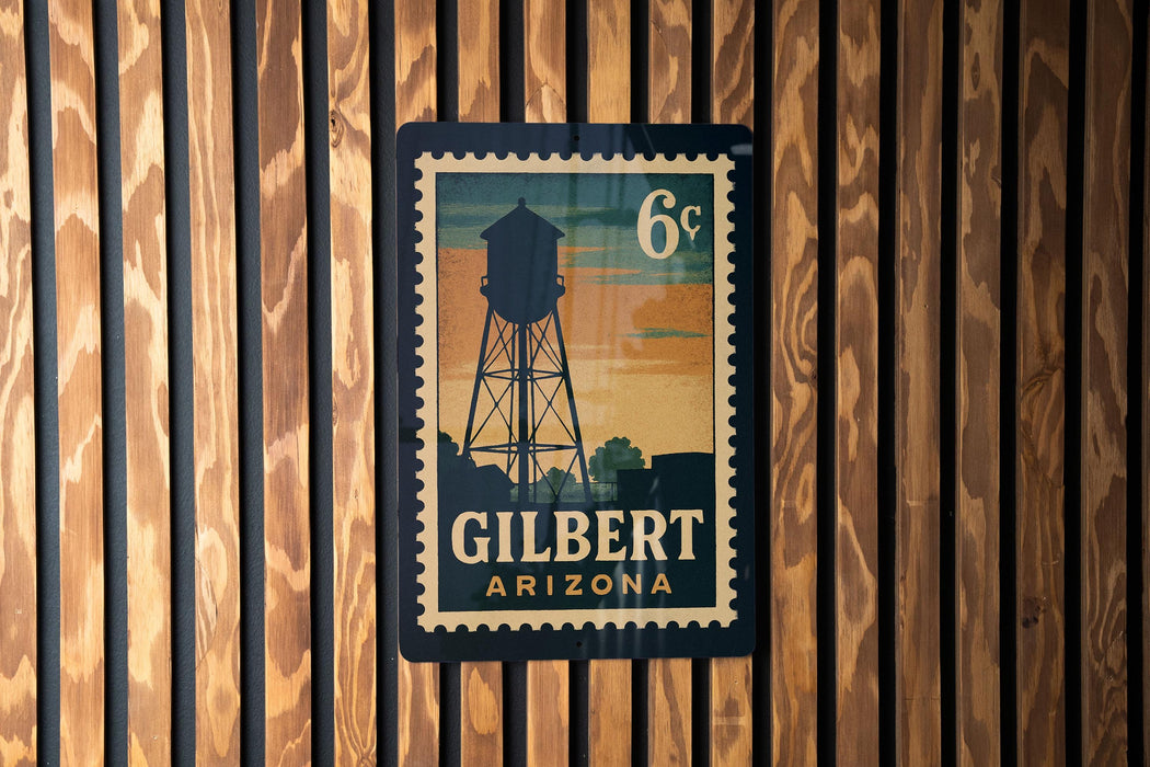 A postage stamp featuring a water tower in Gilbert, Arizona.