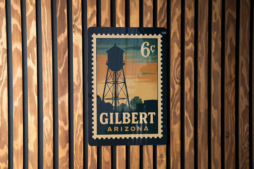 A postage stamp featuring a water tower in Gilbert, Arizona.