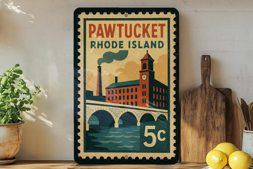 A vintage-style poster of Pawtucket, Rhode Island, featuring a building with a clock tower and a bridge over a river.