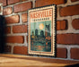 A vintage-style metal sign with the text "NASHVILLE TENNESSEE" displayed on a brick wall.