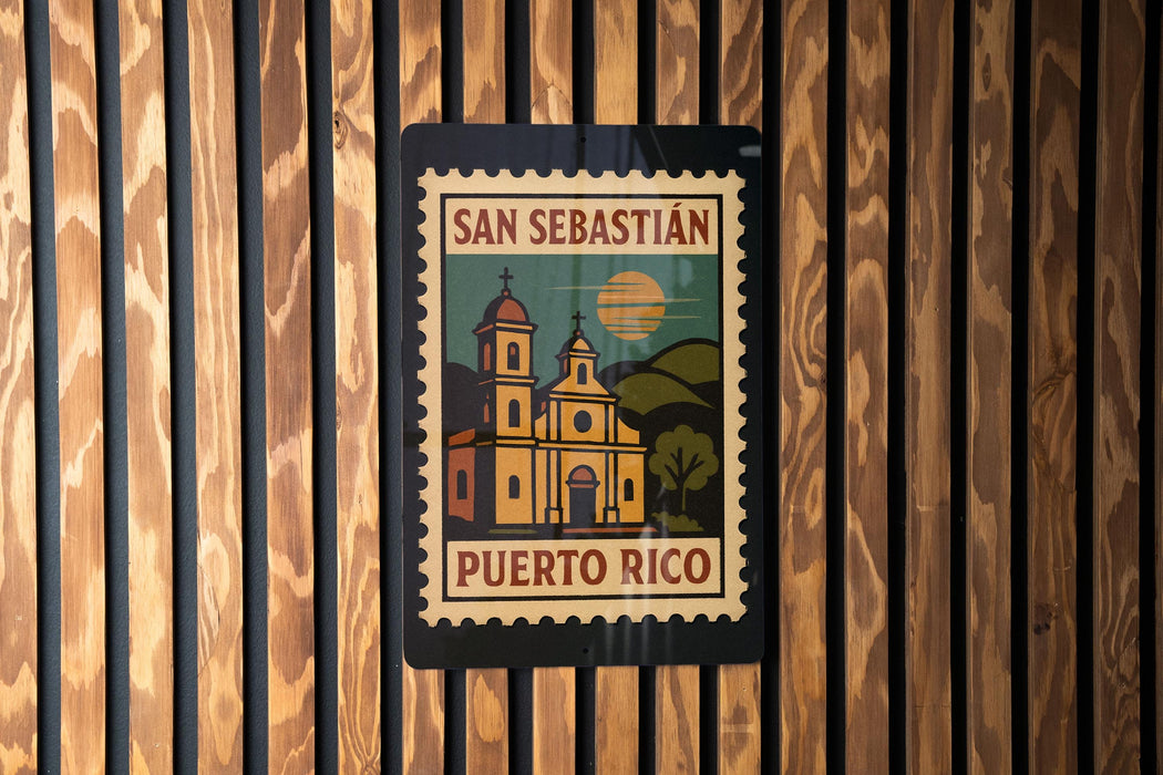 A poster of the San Sebastián Cathedral in Puerto Rico, featuring a colorful illustration of the cathedral and the text "SAN SEBASTIAN PUERTO RICO".