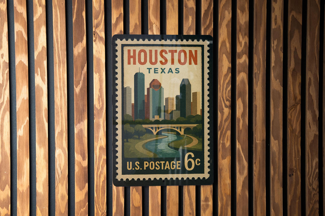 A vintage postage stamp from the United States, featuring the city of Houston, Texas, with a bridge and river in the background.