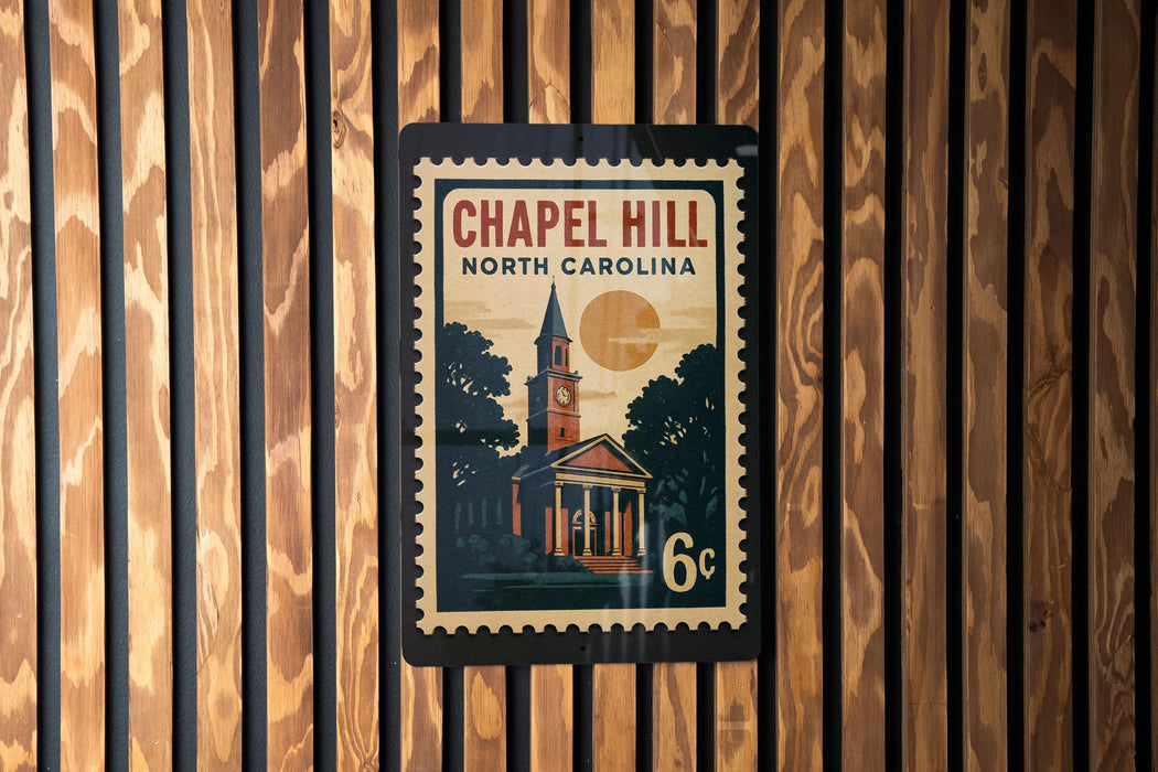 A vintage-style postage stamp from Chapel Hill, North Carolina, featuring a church steeple and a clock tower.