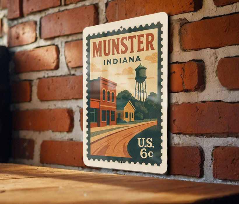 A vintage-style postage stamp from Munster, Indiana, featuring a brick wall and a water tower, mounted on a wooden surface.