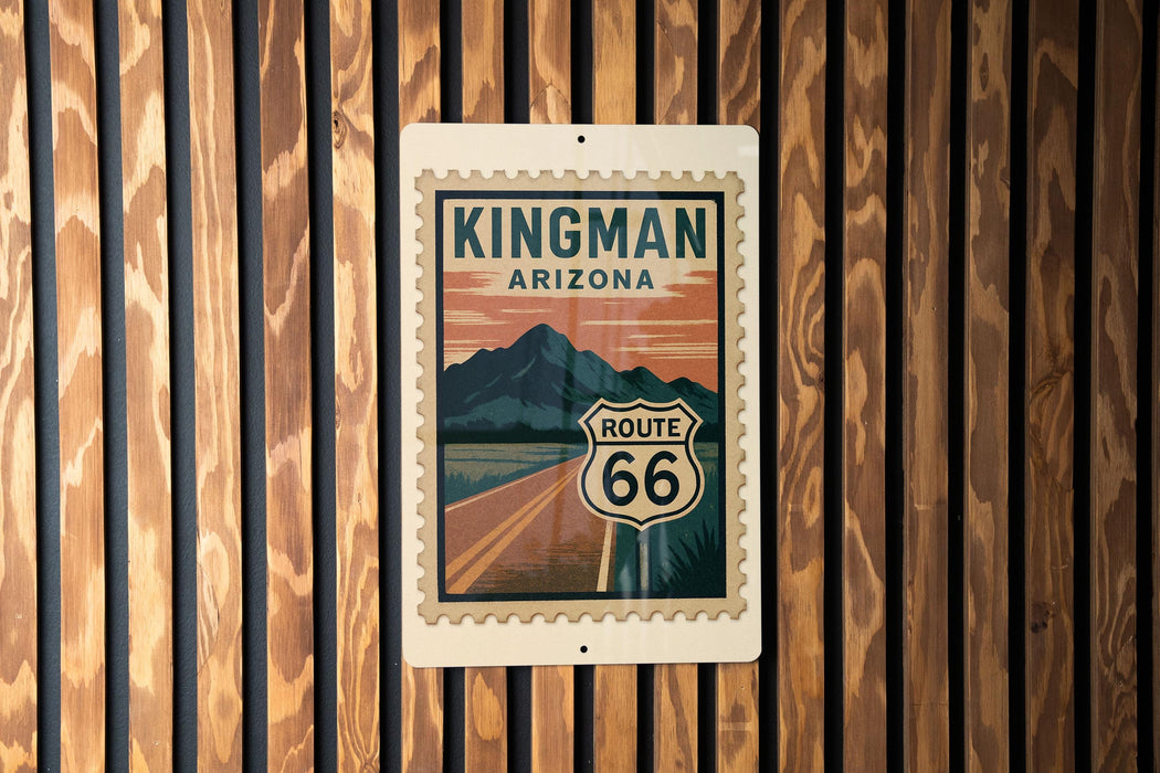 A sign for Kingman Arizona Route 66 is displayed on a wooden wall.