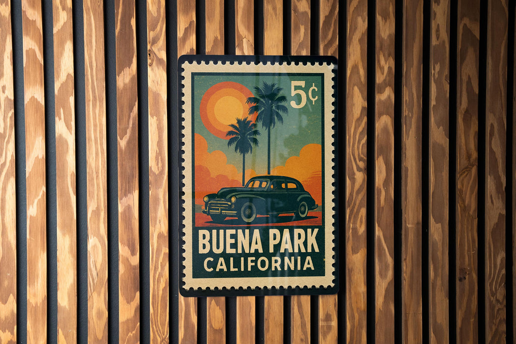 A vintage postage stamp from Buena Park, California, featuring a classic car and palm trees against a sunset background.