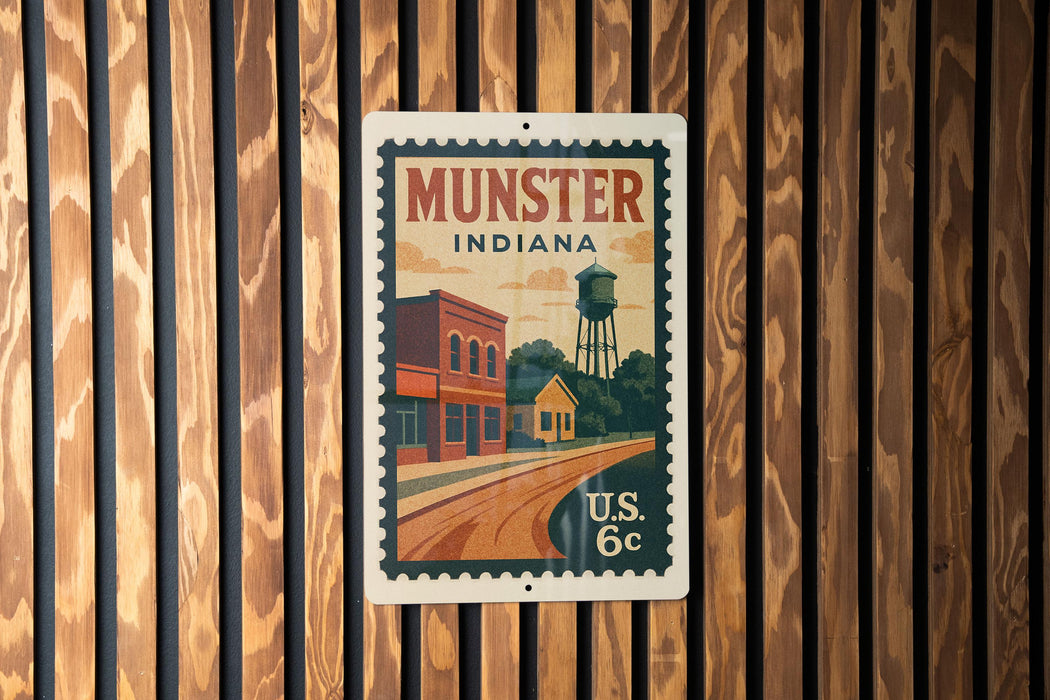 A vintage-style postage stamp from Munster, Indiana, featuring a building and a water tower, is displayed on a wooden wall.