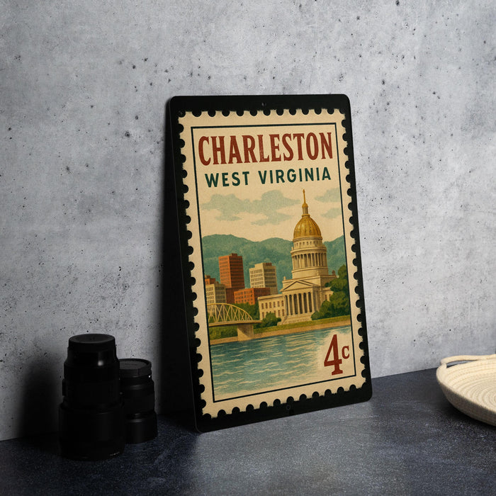 A framed vintage postage stamp depicting the Charleston, West Virginia skyline, with a 4 cent value.