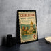 A framed vintage postage stamp depicting the Charleston, West Virginia skyline, with a 4 cent value.