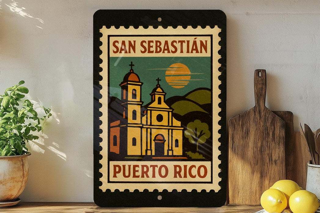 A framed poster of a church with a tropical landscape in the background, displayed on a shelf next to a wooden cutting board and some lemons.