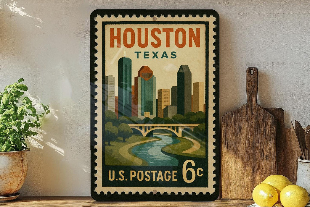 A framed vintage postage stamp from the United States Postal Service, featuring an illustration of the Houston skyline and a river, is displayed on a shelf next to a wooden cutting board and some lemons.
