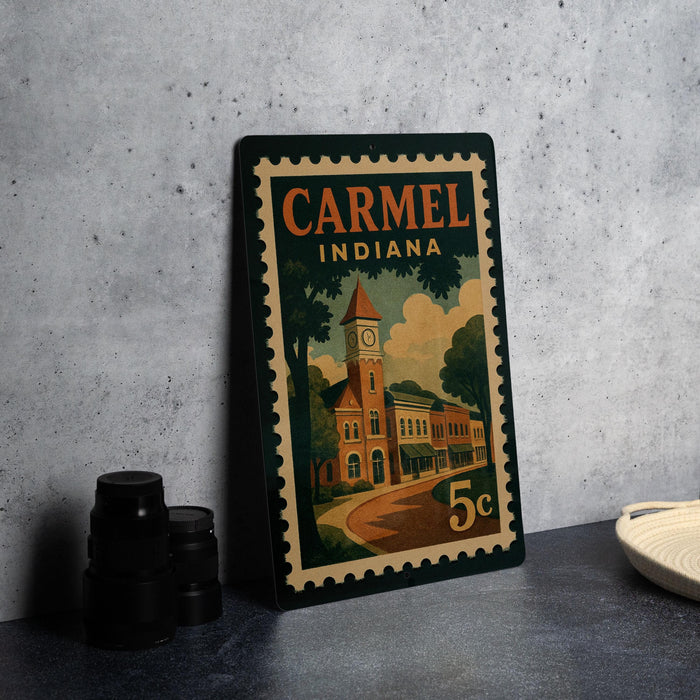 A vintage-style stamp depicting a building with a clock tower, placed on a table next to some black camera lenses.