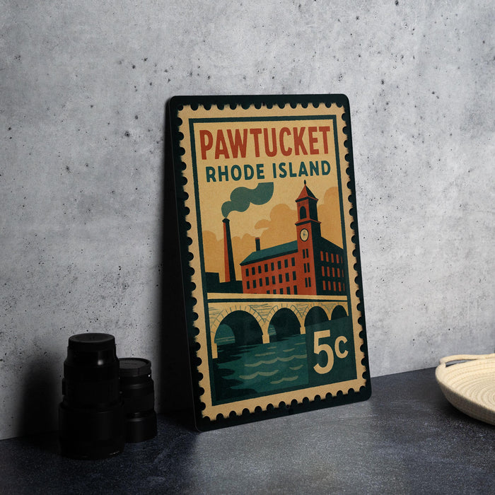 A vintage-style stamp depicting Pawtucket, Rhode Island, with a building and bridge in the background.