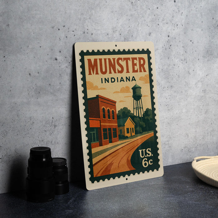a vintage-style metal sign with a colorful illustration of a town scene, including a water tower, buildings, and a road.