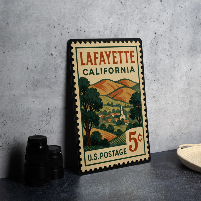 A vintage postage stamp from Louisiana, California, featuring a scenic landscape with hills, trees, and a church.