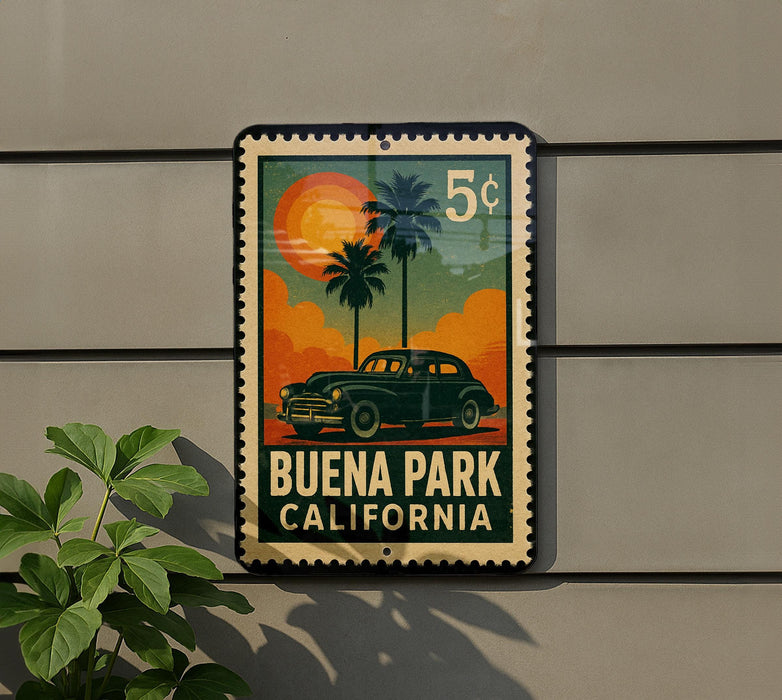 A vintage postage stamp featuring a car and palm trees, with the text "BUENA PARK CALIFORNIA" displayed prominently.