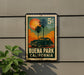 A vintage postage stamp featuring a car and palm trees, with the text "BUENA PARK CALIFORNIA" displayed prominently.