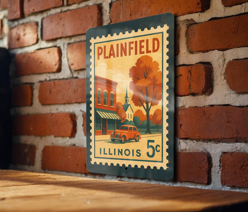 A vintage postage stamp from Illinois, featuring a brick building and a tree, is displayed on a brick wall.